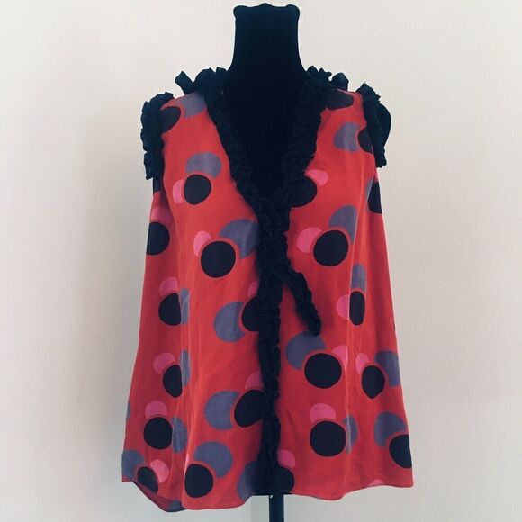 MARC BY MARC JACOBS Blue Red Purple Polka Dot Ruffle Sleeveless Silk Top M - Picture 2 of 7